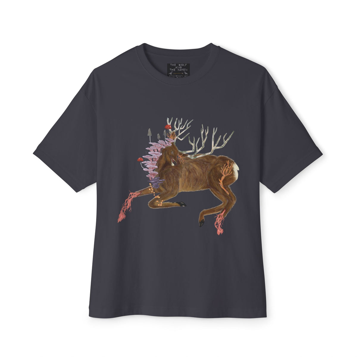The Wolf And The Raven – The Stag Hand-Drawn Graphic Tee | Forest Art Oversized Boxy T-Shirt