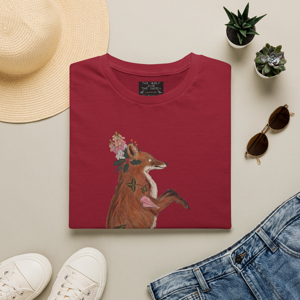 The Wolf And The Raven – The Fox Hand-Drawn Graphic Tee | Forest Art Unisex T-Shirt