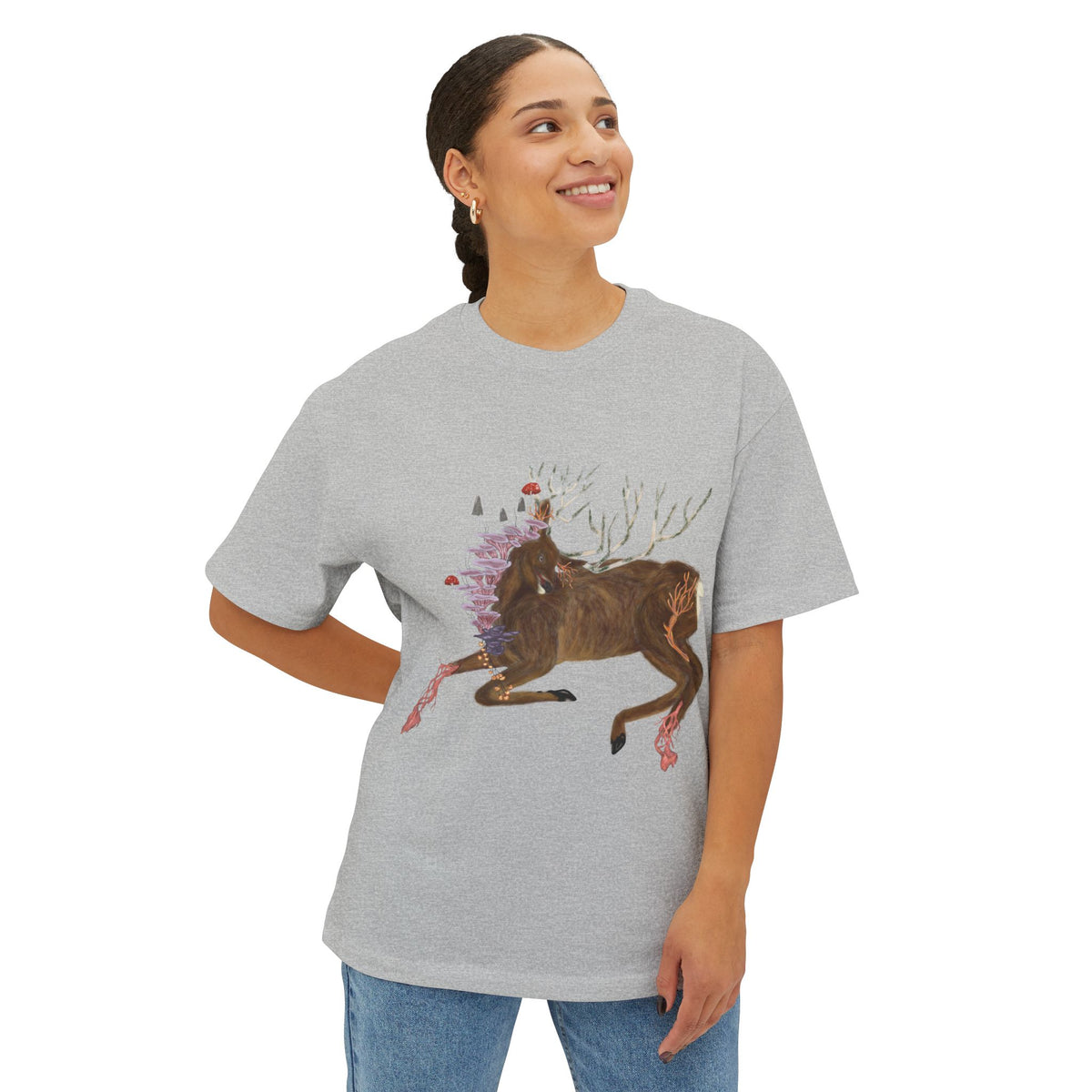 The Wolf And The Raven – The Stag Hand-Drawn Graphic Tee | Forest Art Oversized Boxy T-Shirt