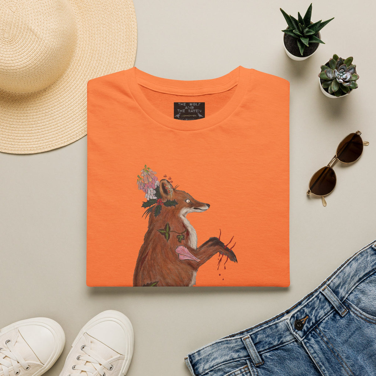 The Wolf And The Raven – The Fox Hand-Drawn Graphic Tee | Forest Art Unisex T-Shirt