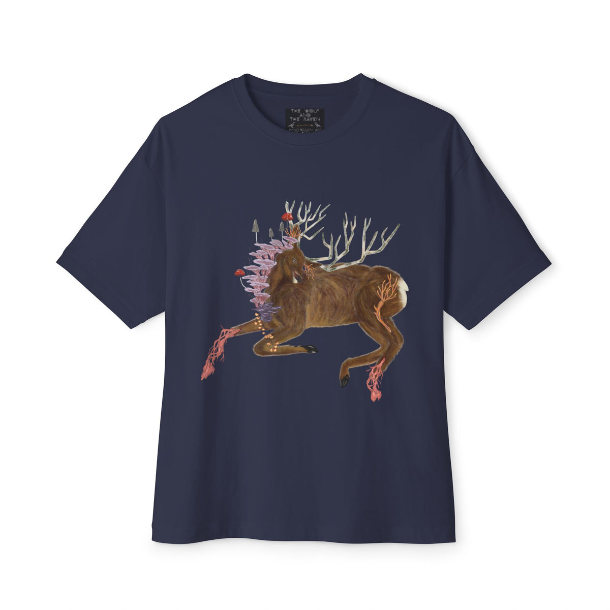 The Wolf And The Raven – The Stag Hand-Drawn Graphic Tee | Forest Art Oversized Boxy T-Shirt