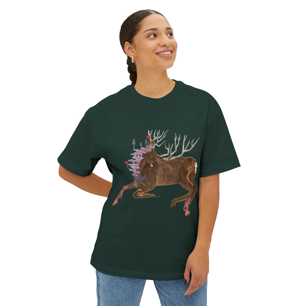 The Wolf And The Raven – The Stag Hand-Drawn Graphic Tee | Forest Art Oversized Boxy T-Shirt