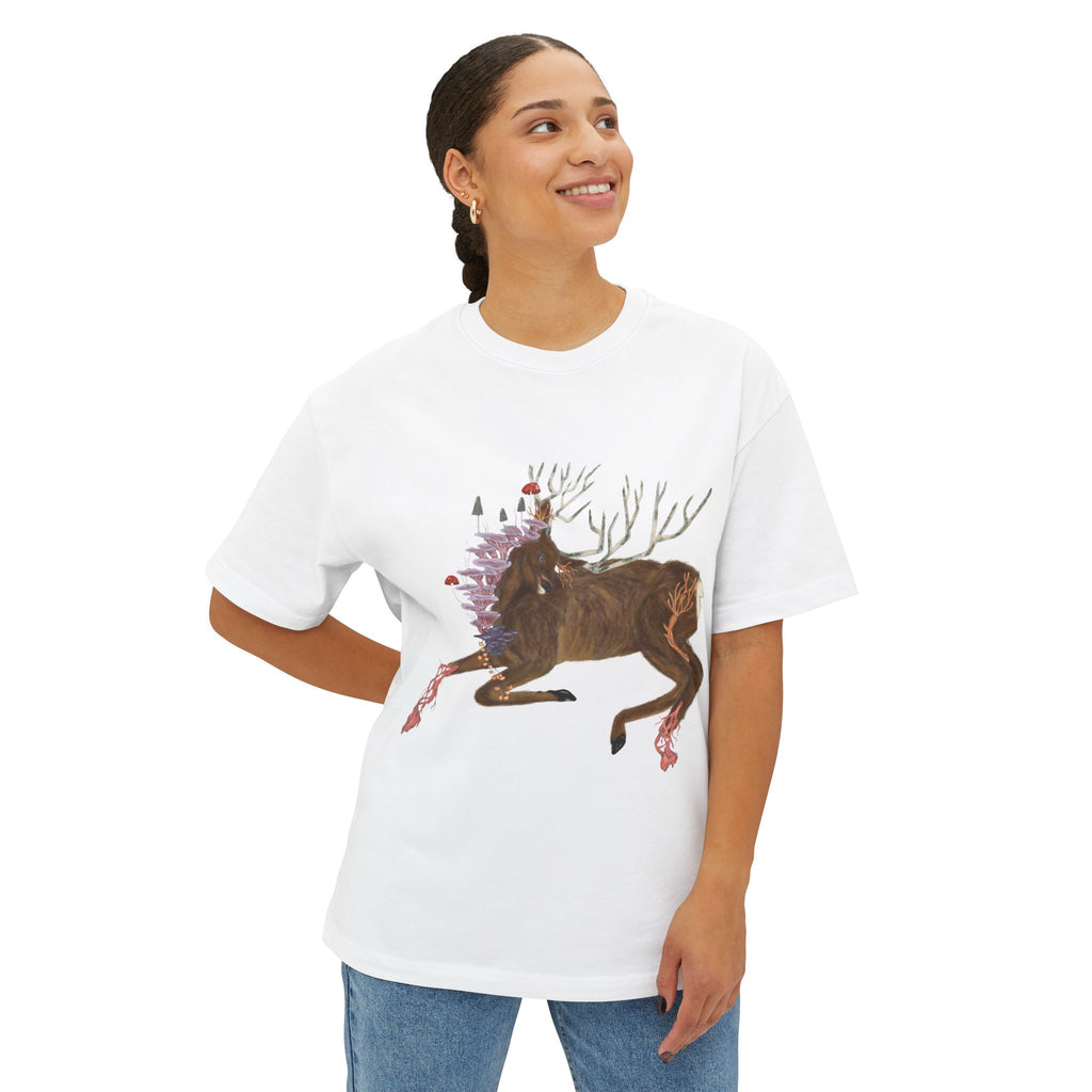 The Wolf And The Raven – The Stag Hand-Drawn Graphic Tee | Forest Art Oversized Boxy T-Shirt