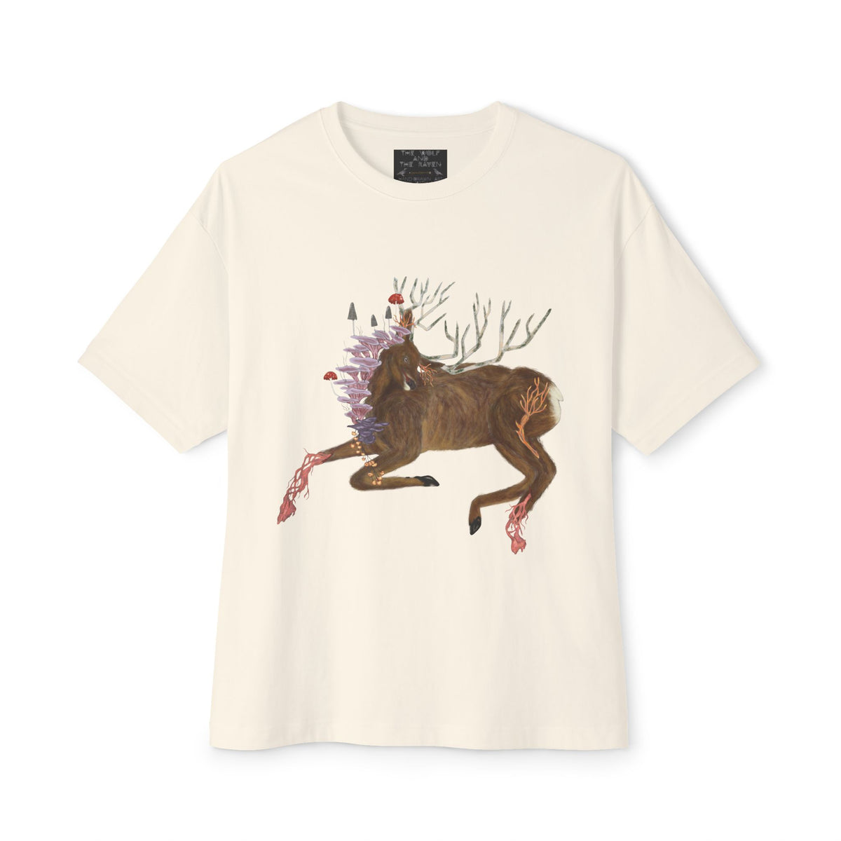 The Wolf And The Raven – The Stag Hand-Drawn Graphic Tee | Forest Art Oversized Boxy T-Shirt