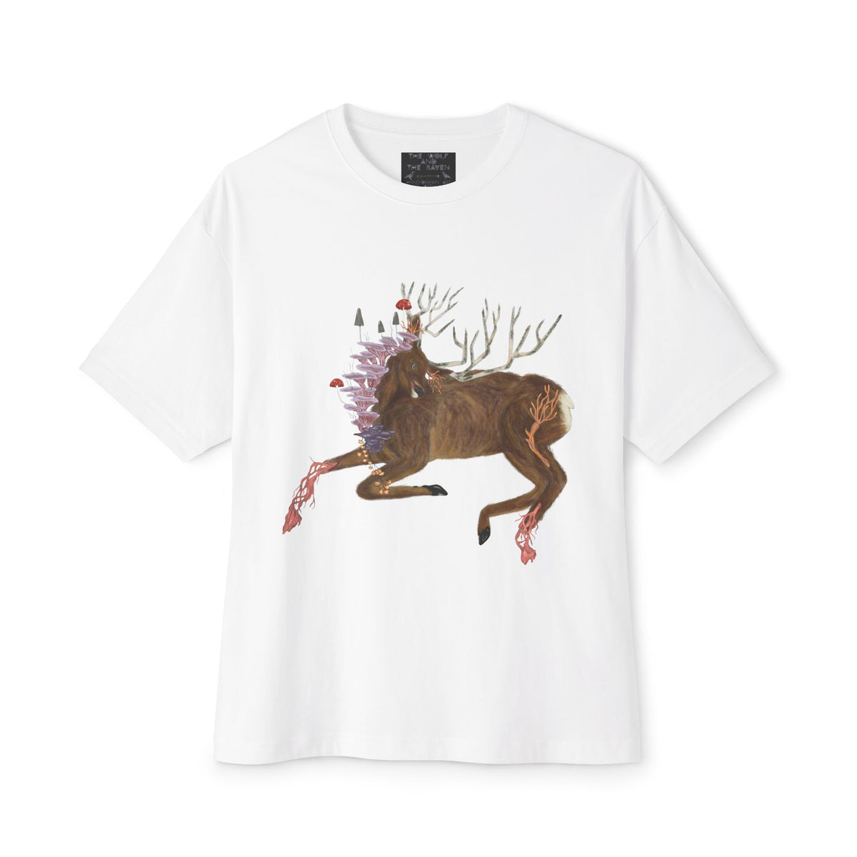 The Wolf And The Raven – The Stag Hand-Drawn Graphic Tee | Forest Art Oversized Boxy T-Shirt