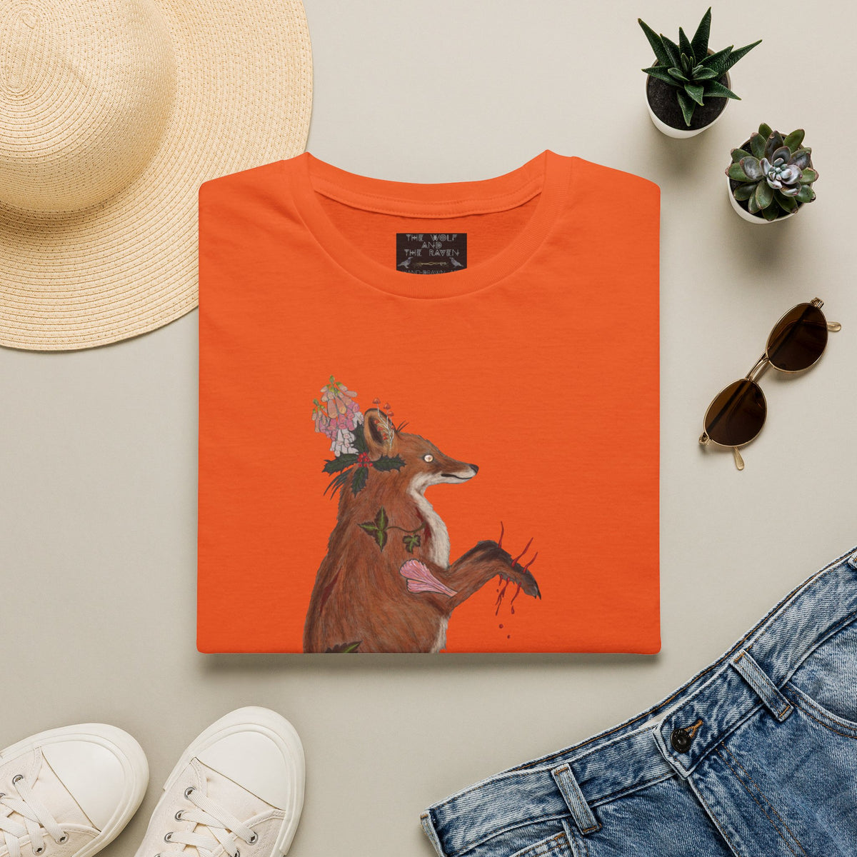 The Wolf And The Raven – The Fox Hand-Drawn Graphic Tee | Forest Art Unisex T-Shirt