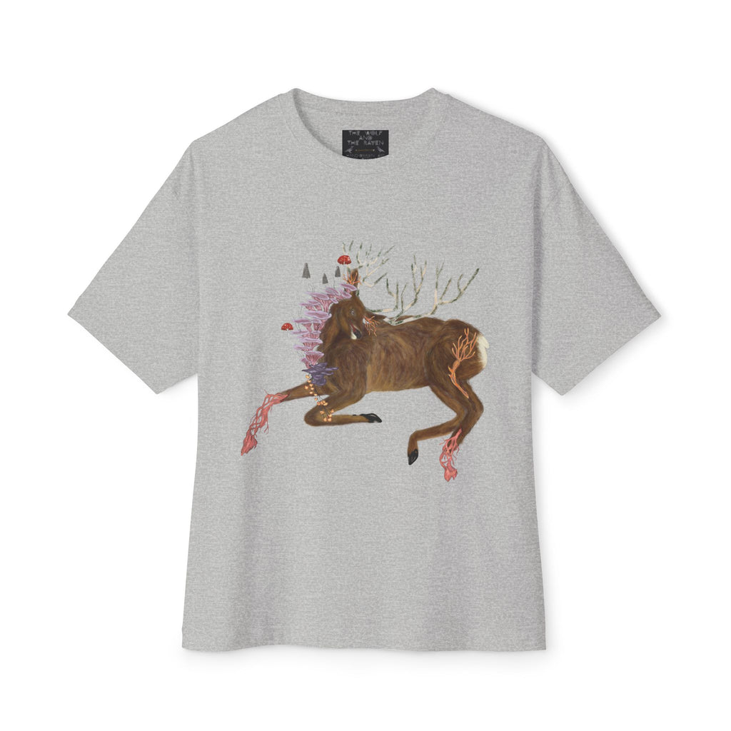 The Wolf And The Raven – The Stag Hand-Drawn Graphic Tee | Forest Art Oversized Boxy T-Shirt