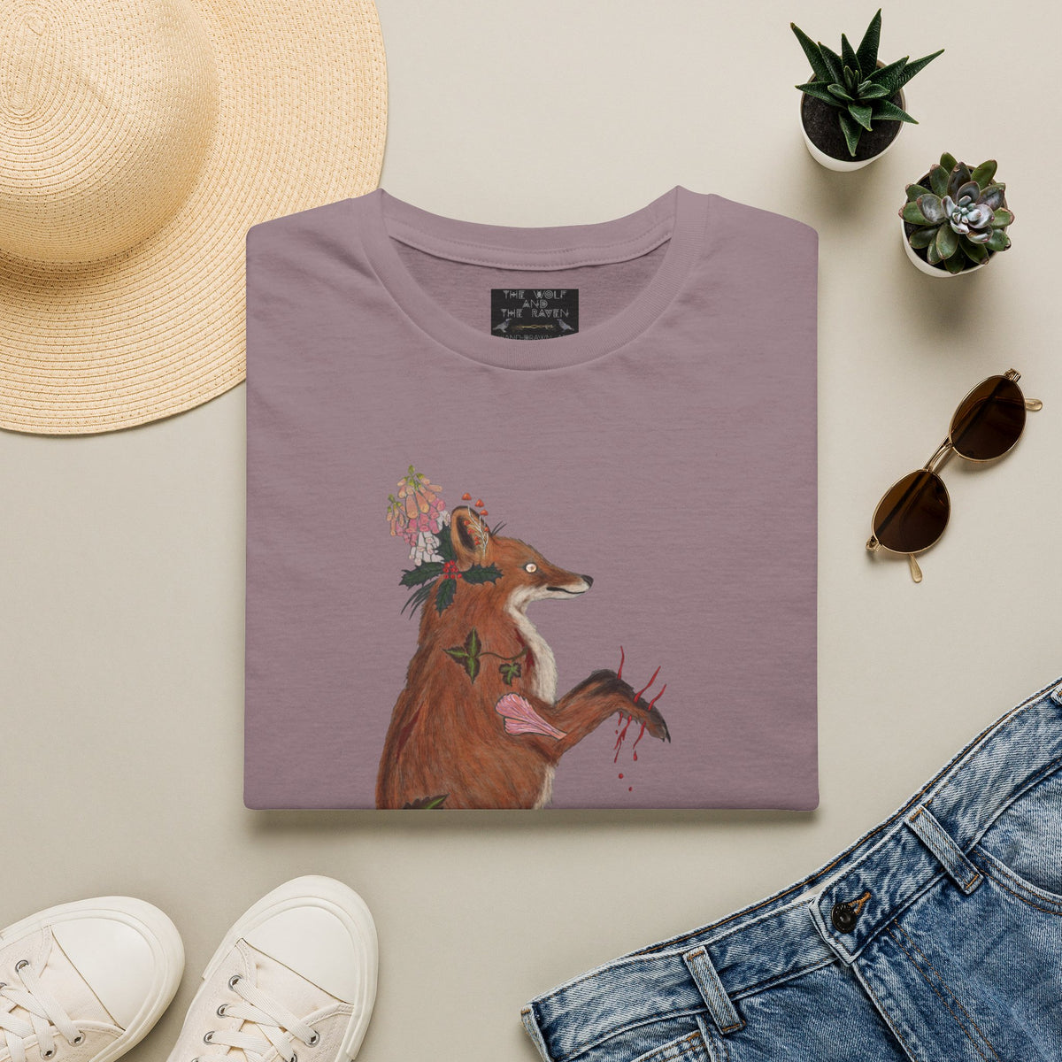 The Wolf And The Raven – The Fox Hand-Drawn Graphic Tee | Forest Art Unisex T-Shirt