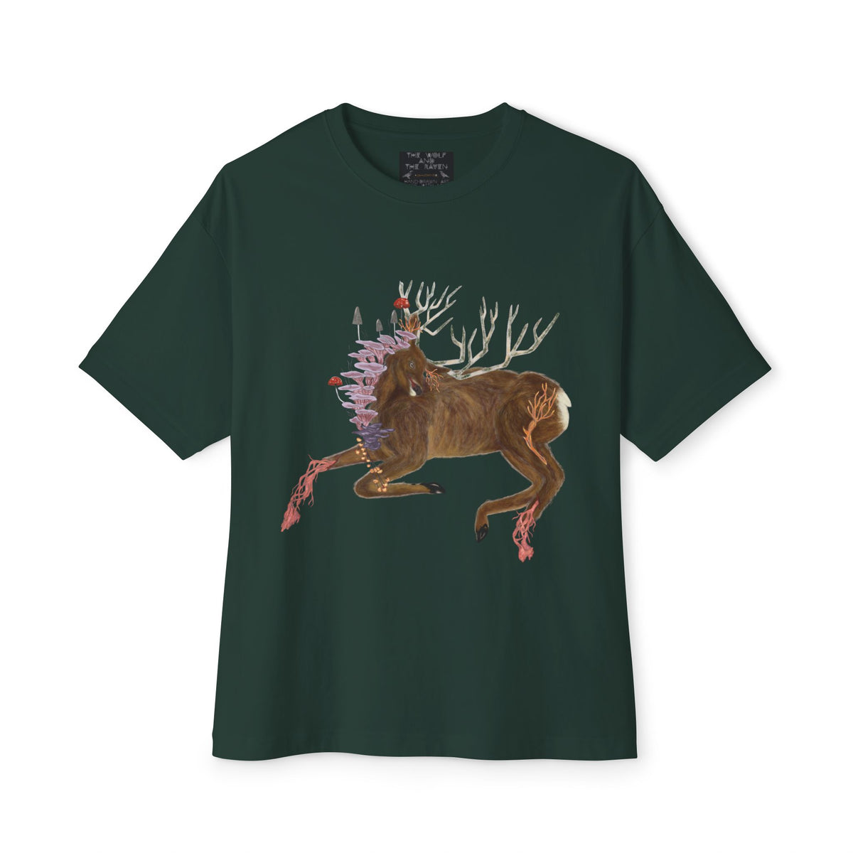 The Wolf And The Raven – The Stag Hand-Drawn Graphic Tee | Forest Art Oversized Boxy T-Shirt