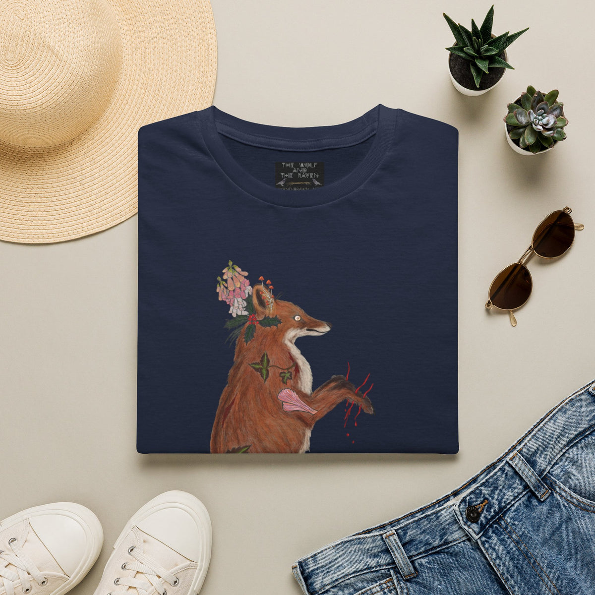 The Wolf And The Raven – The Fox Hand-Drawn Graphic Tee | Forest Art Unisex T-Shirt