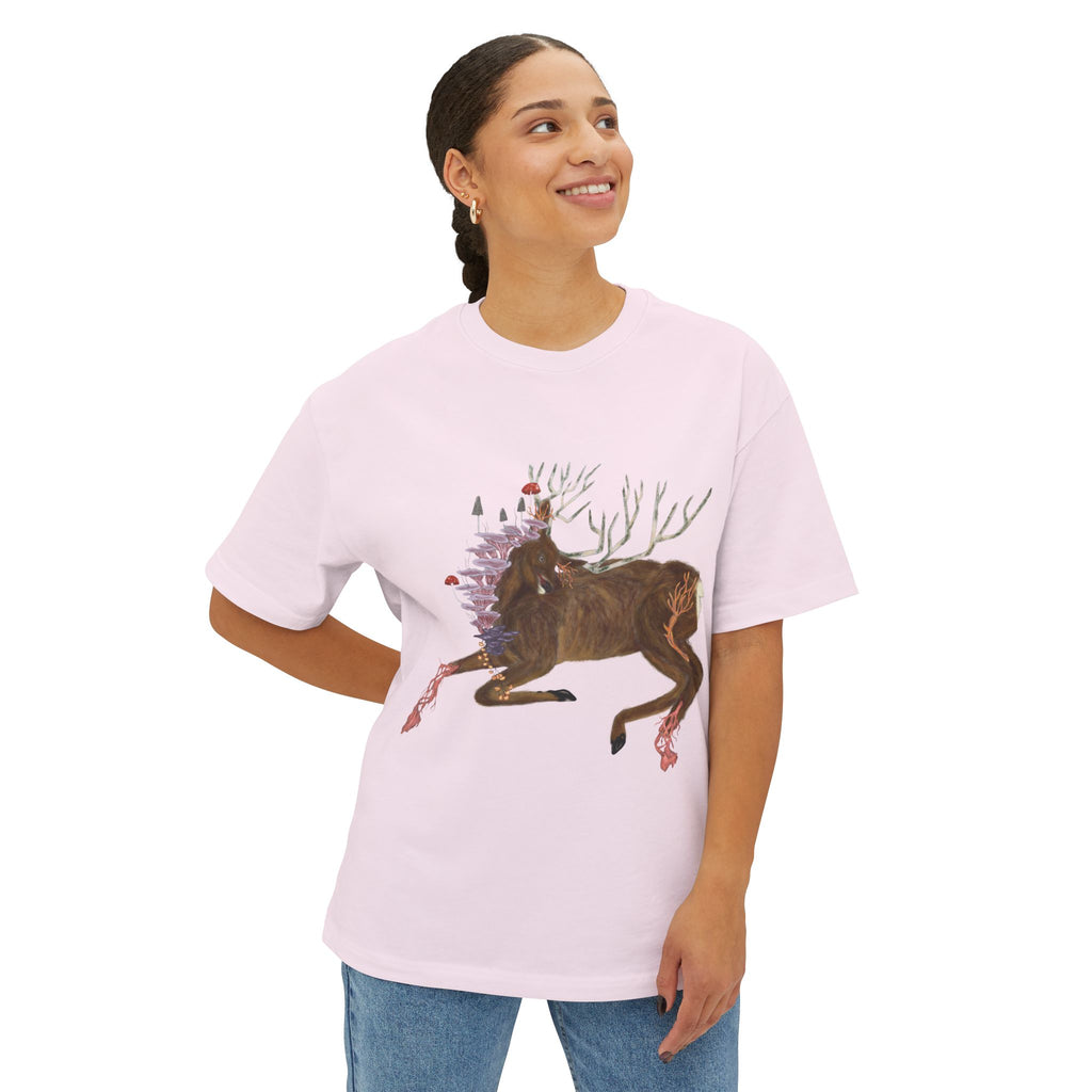 The Wolf And The Raven – The Stag Hand-Drawn Graphic Tee | Forest Art Oversized Boxy T-Shirt