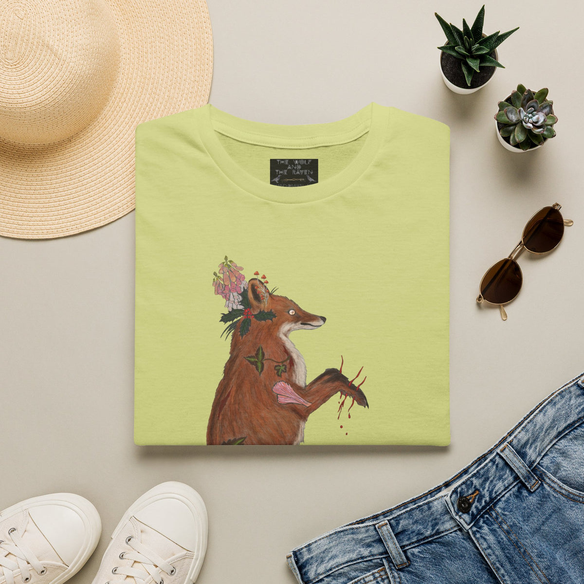 The Wolf And The Raven – The Fox Hand-Drawn Graphic Tee | Forest Art Unisex T-Shirt
