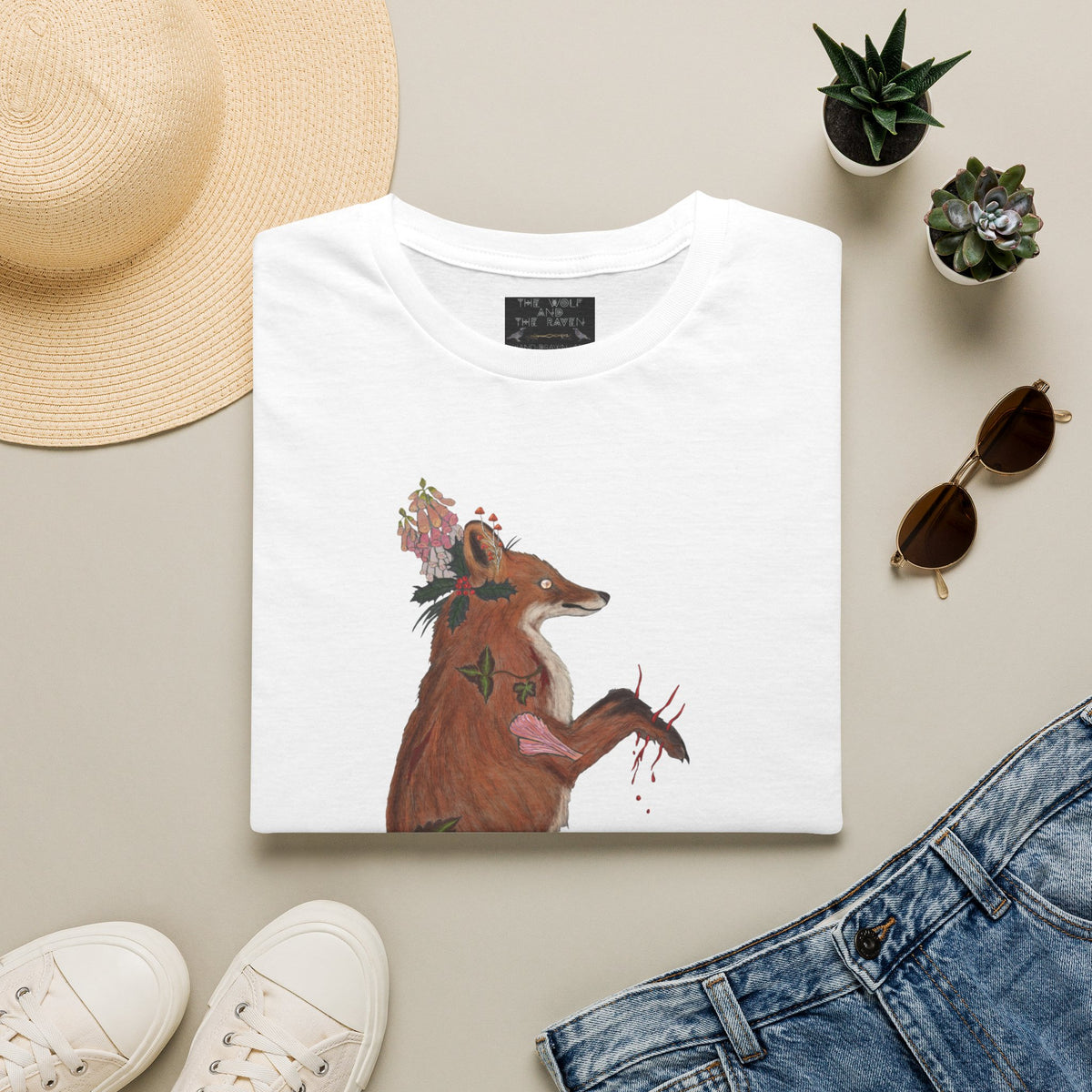 The Wolf And The Raven – The Fox Hand-Drawn Graphic Tee | Forest Art Unisex T-Shirt