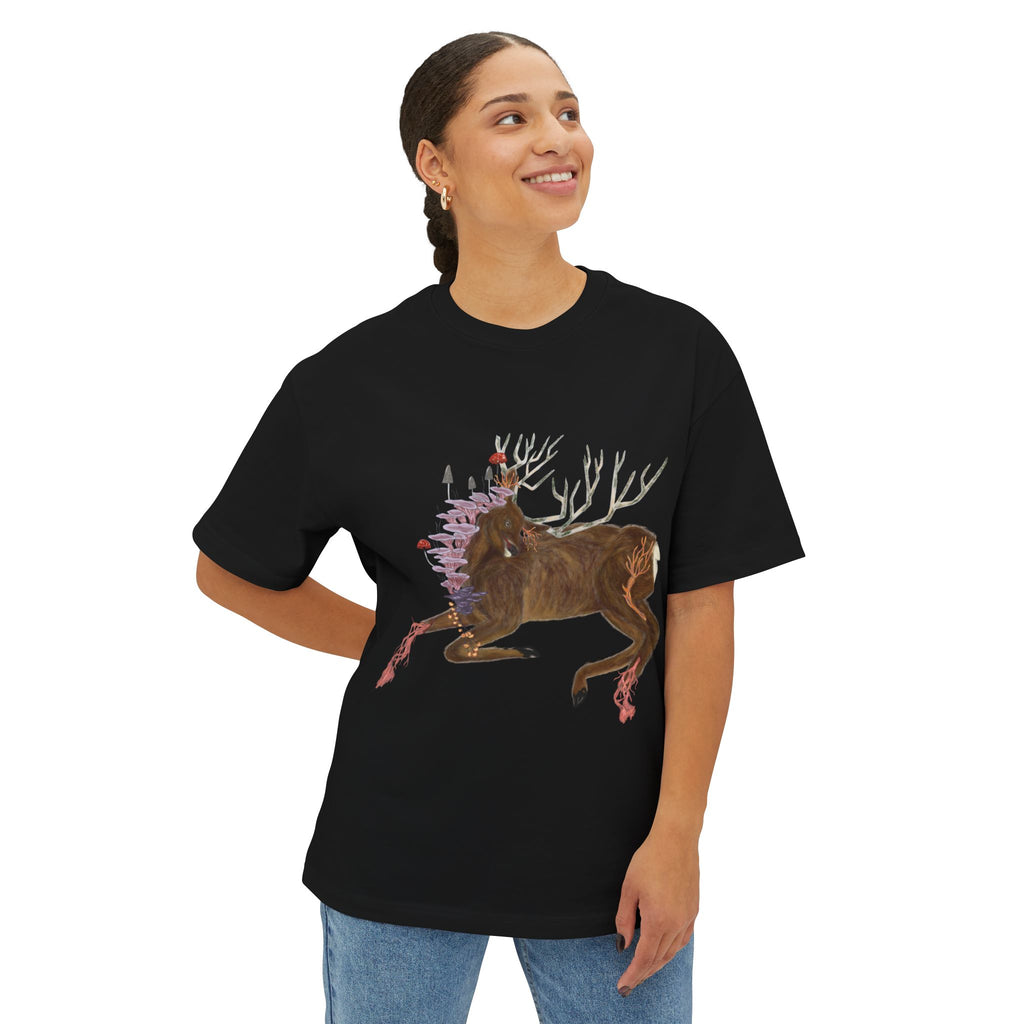 The Wolf And The Raven – The Stag Hand-Drawn Graphic Tee | Forest Art Oversized Boxy T-Shirt