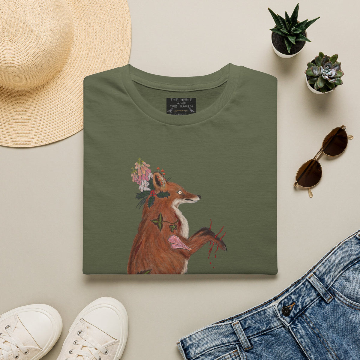 The Wolf And The Raven – The Fox Hand-Drawn Graphic Tee | Forest Art Unisex T-Shirt