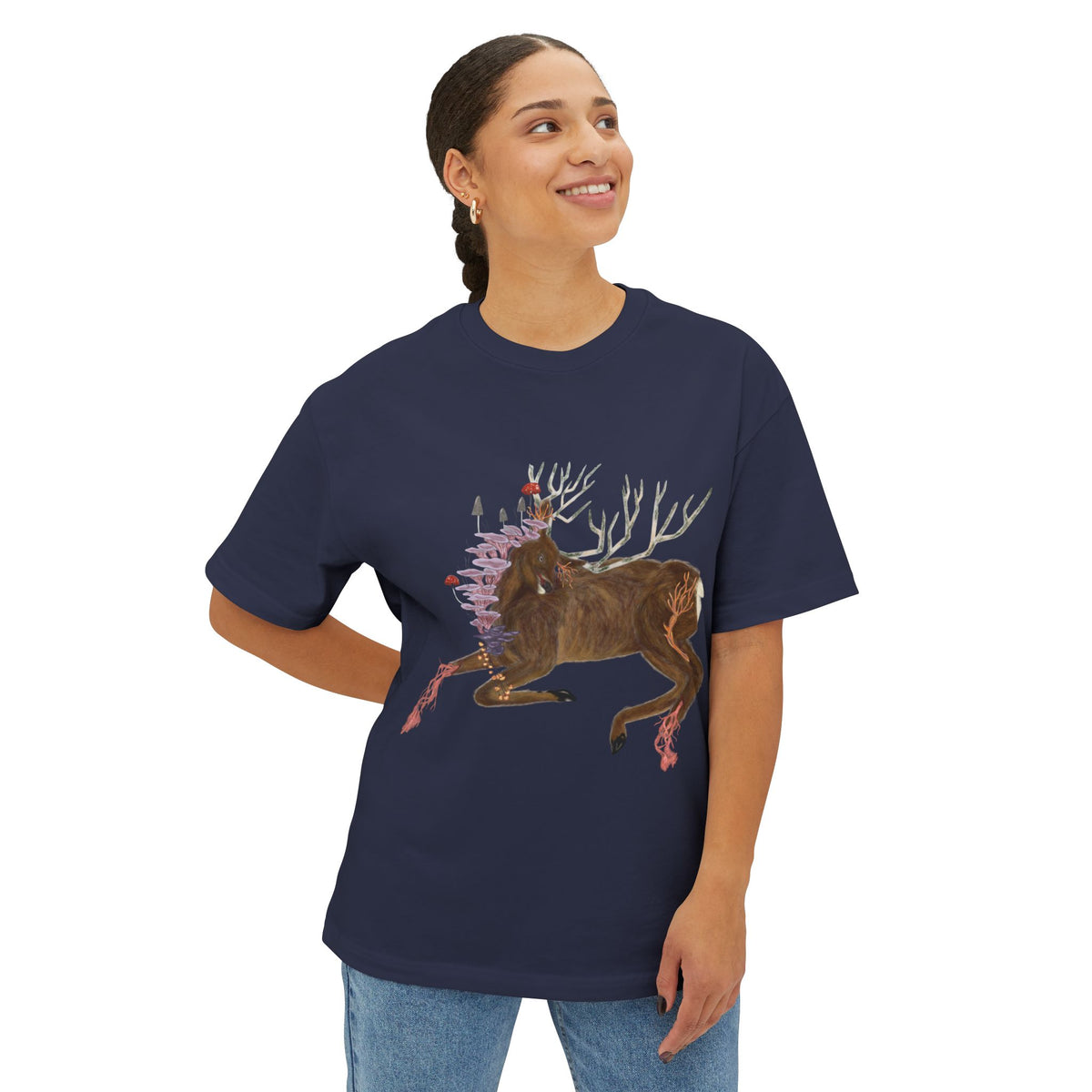 The Wolf And The Raven – The Stag Hand-Drawn Graphic Tee | Forest Art Oversized Boxy T-Shirt