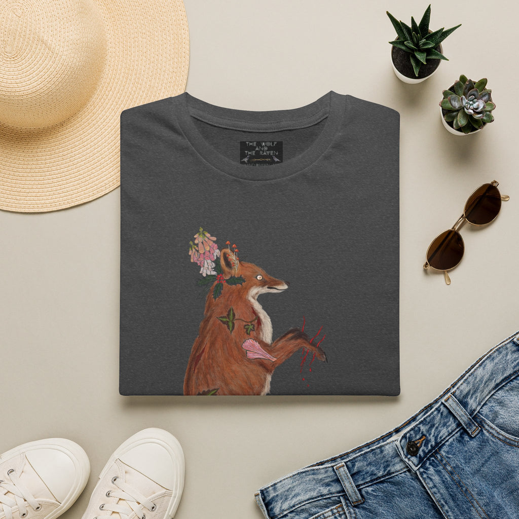 The Wolf And The Raven – The Fox Hand-Drawn Graphic Tee | Forest Art Unisex T-Shirt