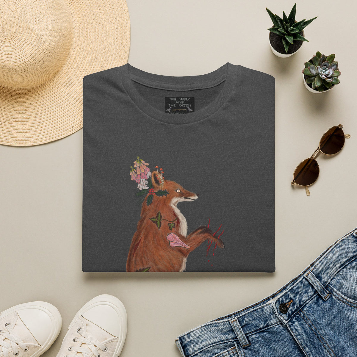 The Wolf And The Raven – The Fox Hand-Drawn Graphic Tee | Forest Art Unisex T-Shirt