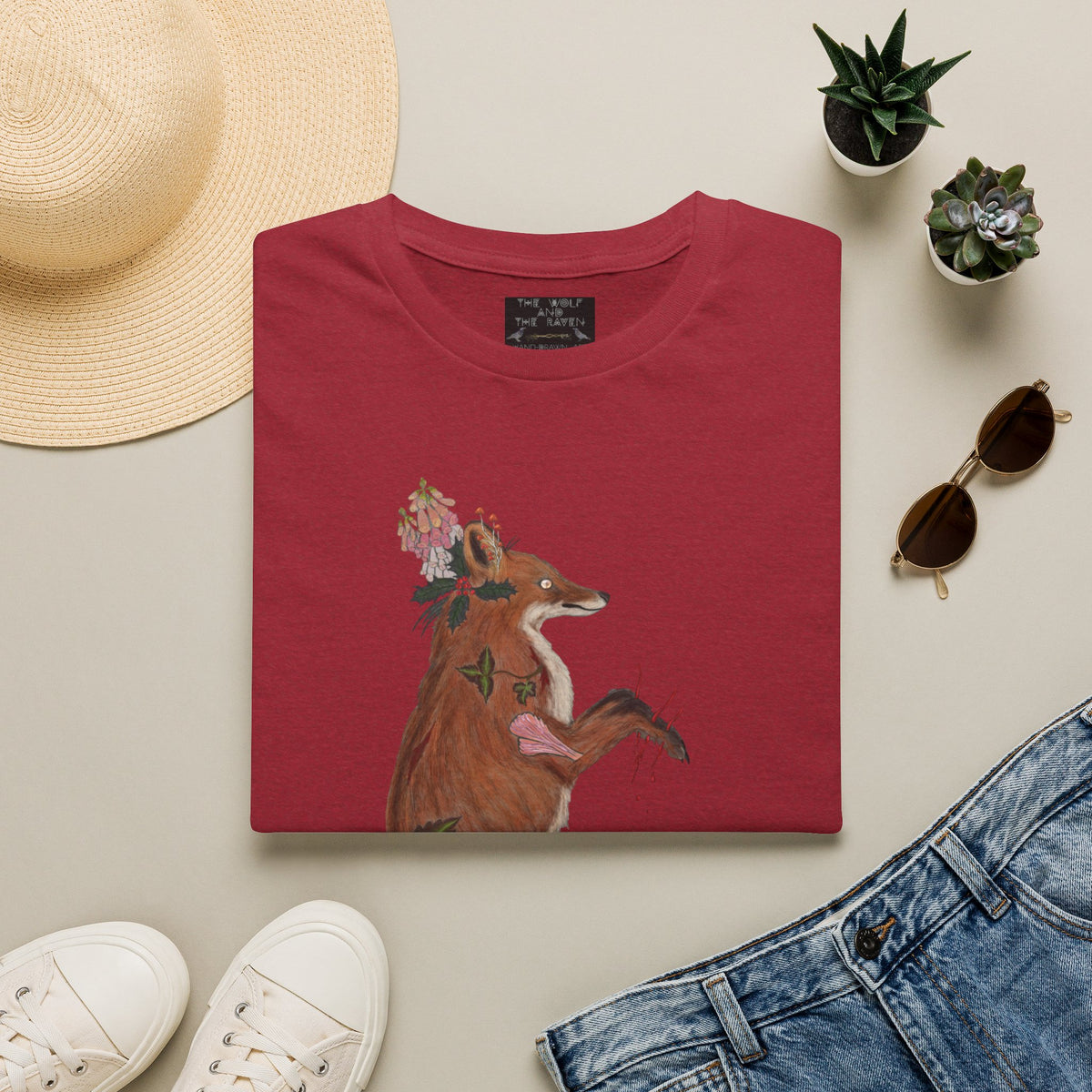 The Wolf And The Raven – The Fox Hand-Drawn Graphic Tee | Forest Art Unisex T-Shirt
