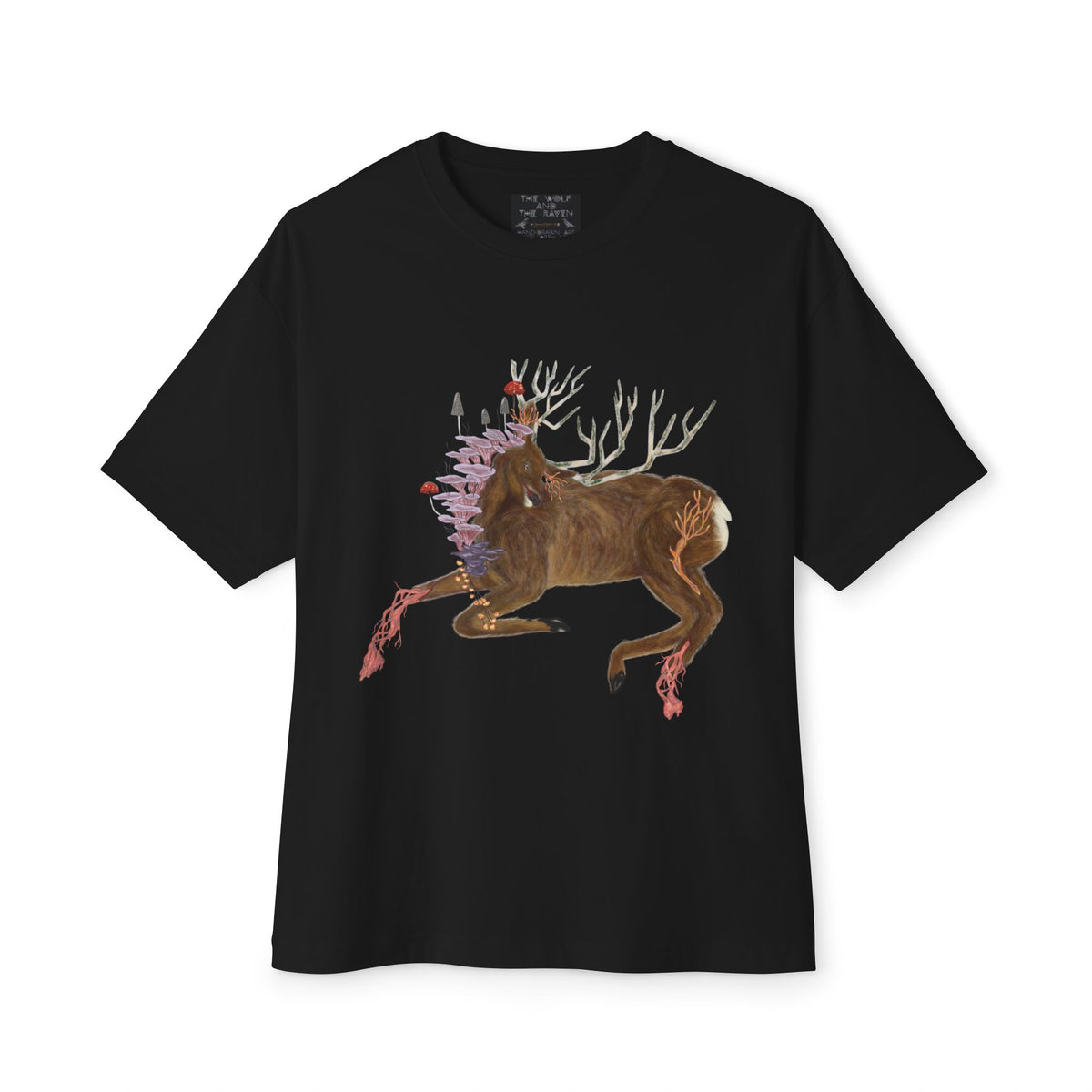 The Wolf And The Raven – The Stag Hand-Drawn Graphic Tee | Forest Art Oversized Boxy T-Shirt