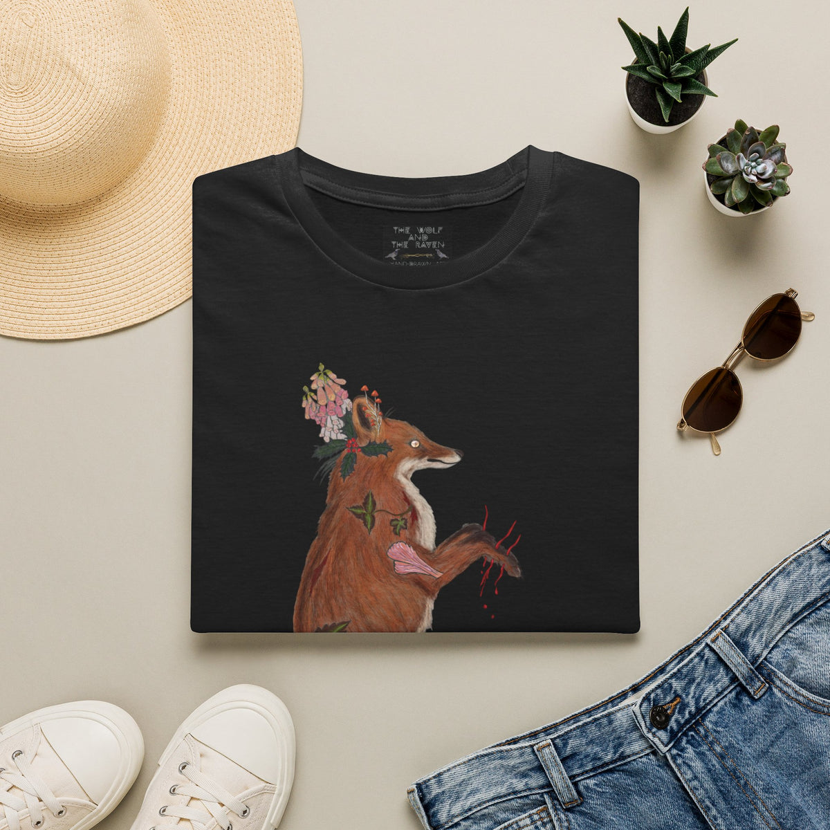 The Wolf And The Raven – The Fox Hand-Drawn Graphic Tee | Forest Art Unisex T-Shirt