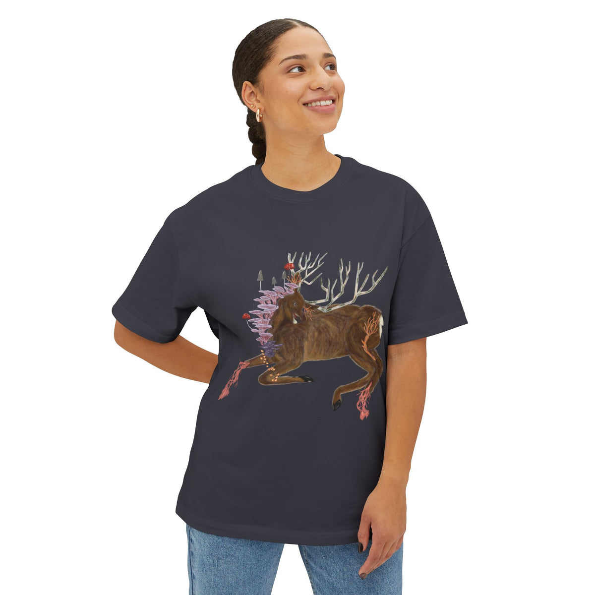 The Wolf And The Raven – The Stag Hand-Drawn Graphic Tee | Forest Art Oversized Boxy T-Shirt