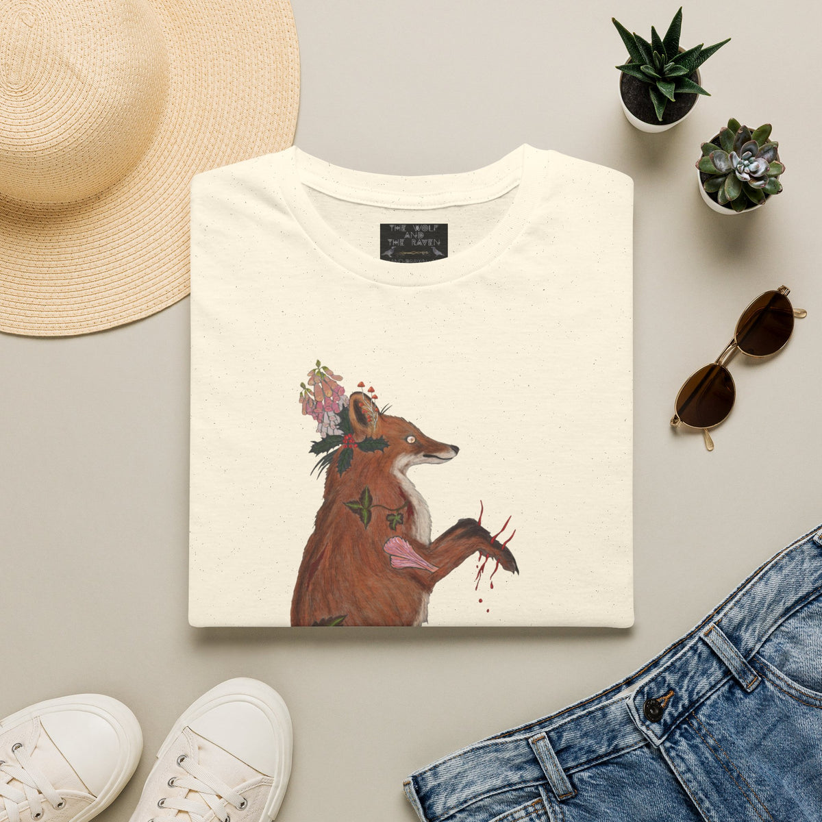 The Wolf And The Raven – The Fox Hand-Drawn Graphic Tee | Forest Art Unisex T-Shirt