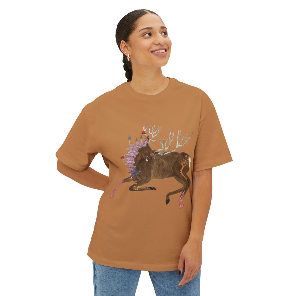 The Wolf And The Raven – The Stag Hand-Drawn Graphic Tee | Forest Art Oversized Boxy T-Shirt