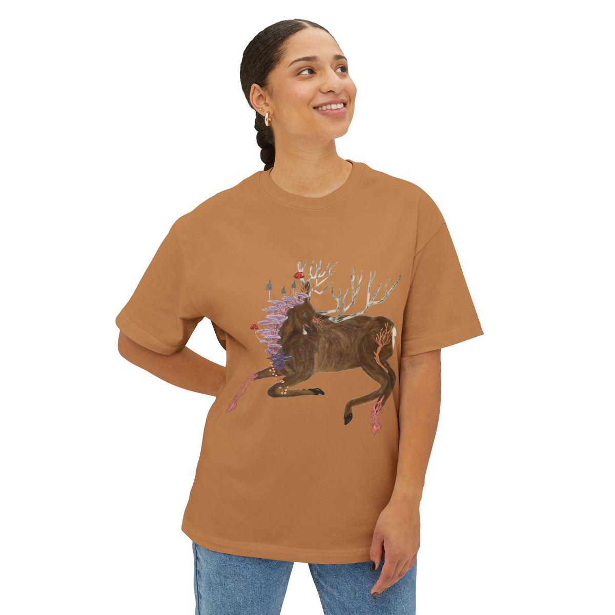 The Wolf And The Raven – The Stag Hand-Drawn Graphic Tee | Forest Art Oversized Boxy T-Shirt