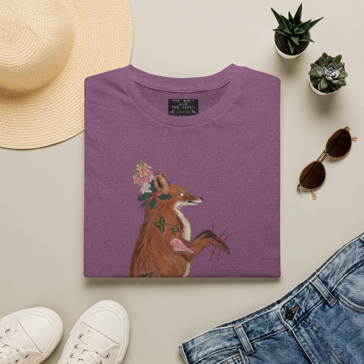 The Wolf And The Raven – The Fox Hand-Drawn Graphic Tee | Forest Art Unisex T-Shirt