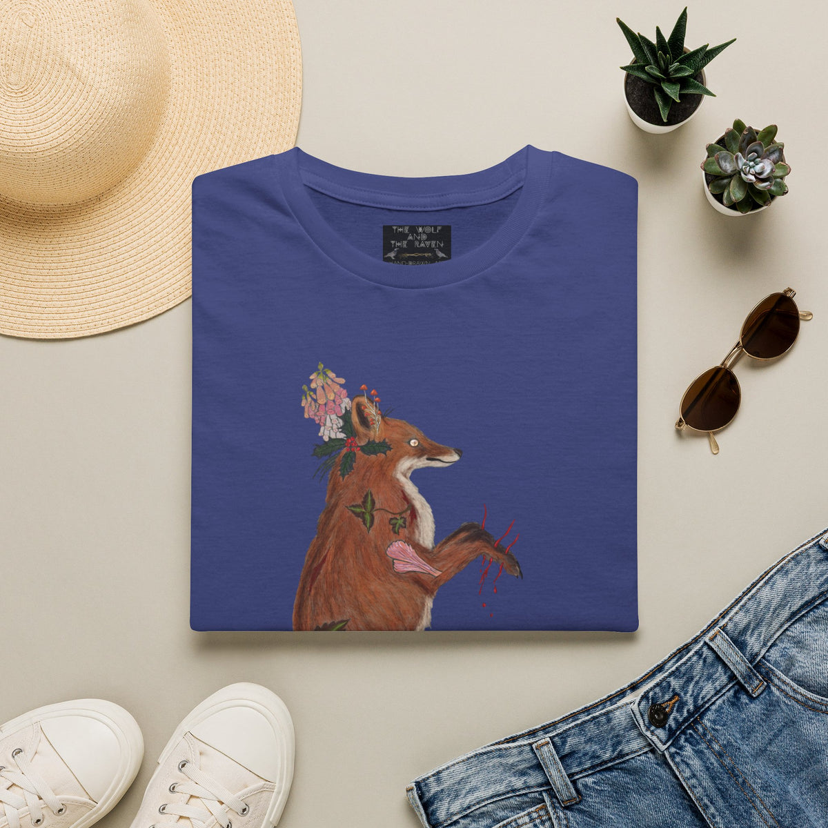The Wolf And The Raven – The Fox Hand-Drawn Graphic Tee | Forest Art Unisex T-Shirt